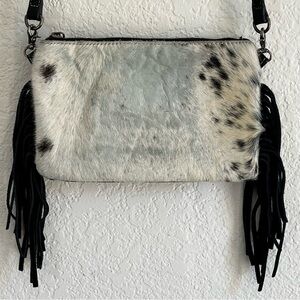 Montana West Cowhide Fringe Crossbody Clutch Black White Purse Handbag Western